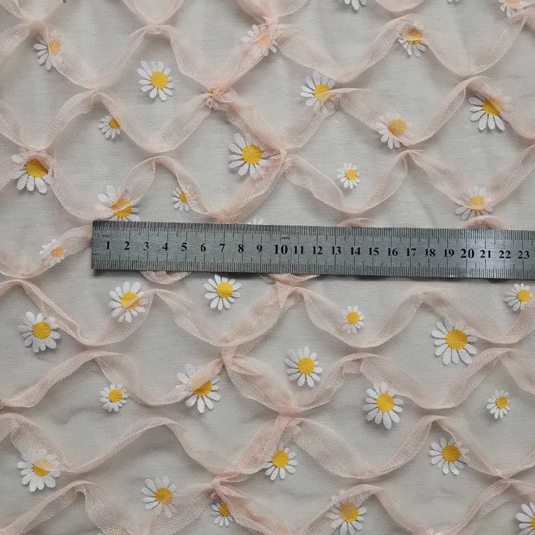 2023 Summer Flower Print Embroidery Outline Daisytulle Fabric for Dress